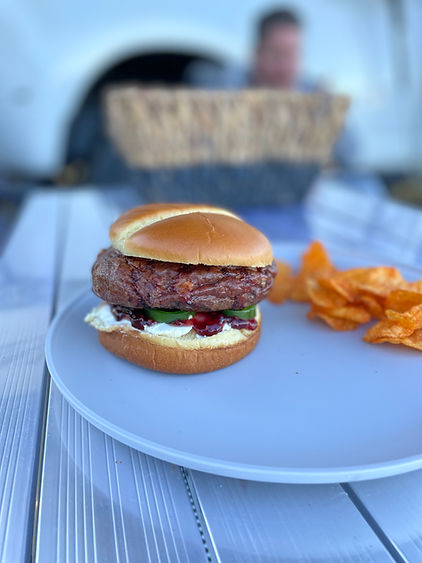 A bison burger on a plate with some chips on the side