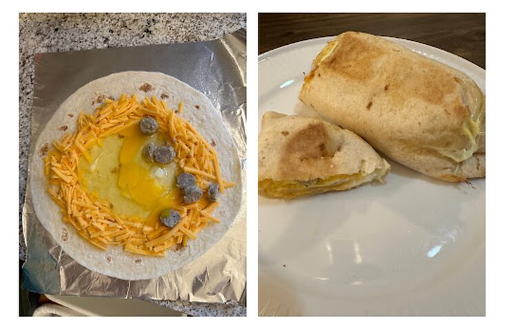 Eggs, cheese and sausage on a tortilla, then on the right plated up as a burrito after cooking.