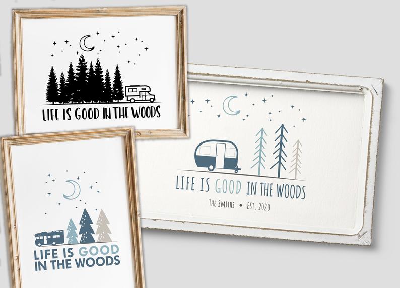 RV graphic in the woods inside a frame