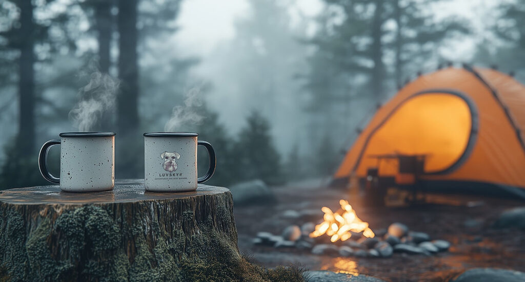 Two white camp mugs on a stump near a campfire and orange tent.