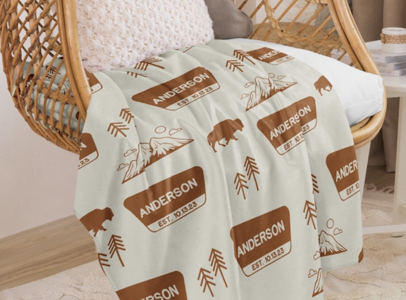 a cream blanket on a chair. the blanket has buffalo, trees and national park signs all over it.