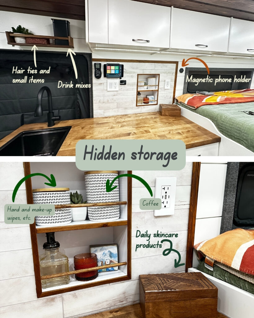 A two collage photo of the inside of a camper van with ways to keep a camper van organized. One photo shows the van kitchen with arrows and words pointing to baskets and boxes for storage. The second photo is a close up of the kitchen with decorative jars and a box with arrows pointing to storage.