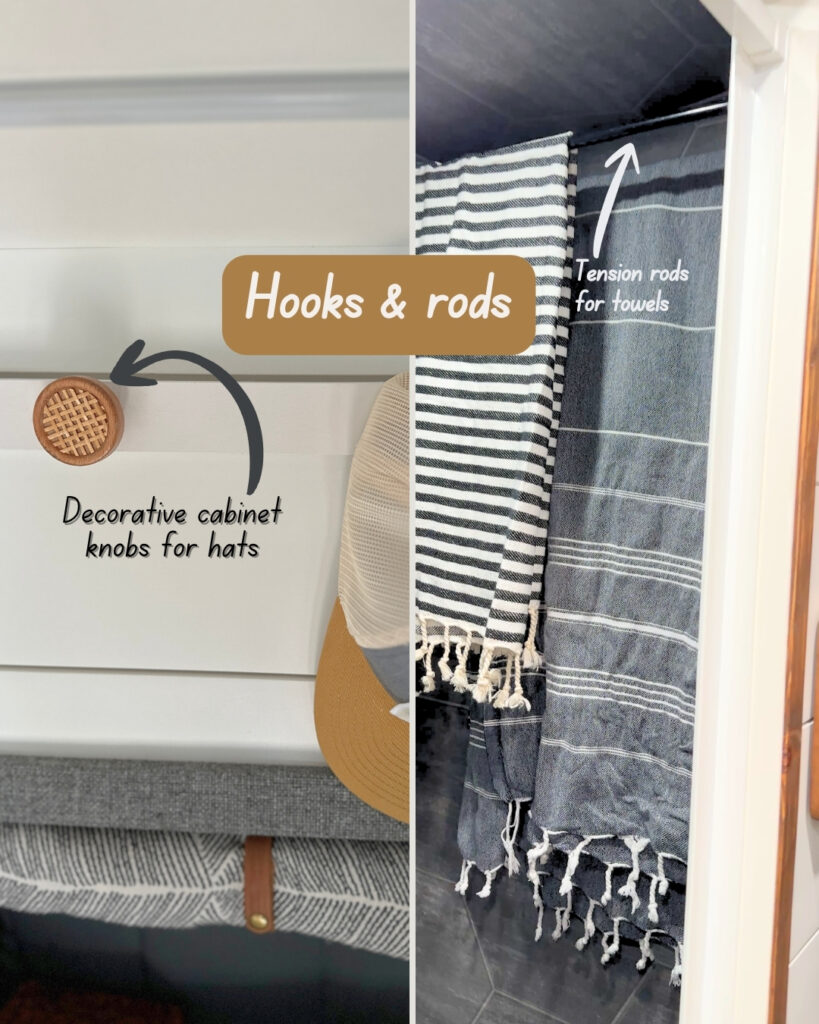 A two photo collage of ways to keep a camper van organized including decorative cabinet knob inside a van to hold a hat and a photo of gray towels hanging from tension rods in a van bathroom