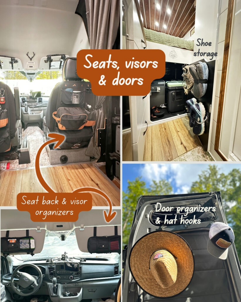 A four collage photo with photos of ways to keep a camper van organized. One photo shows organizers hanging from the back of the front seats, the second shows shoes hanging inside the van garage door, a third shows organizers on the van sun visors and the last is a photo of hats hanging inside the van back door.