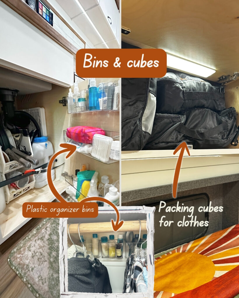 A three photo collage of ways to keep a camper van organized. One photo shows plastic storage hanging from inside a cabinet door, another shows plastic storage inside the closet and the last shows packing cubes inside the cabinet.