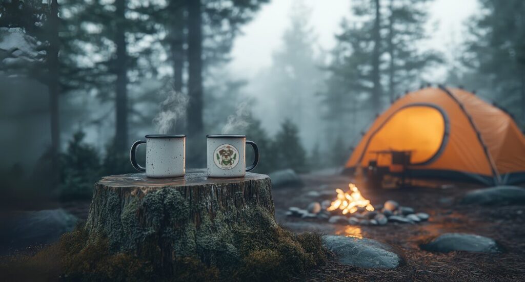 Two white camp mugs on a stump near a campfire and orange tent.