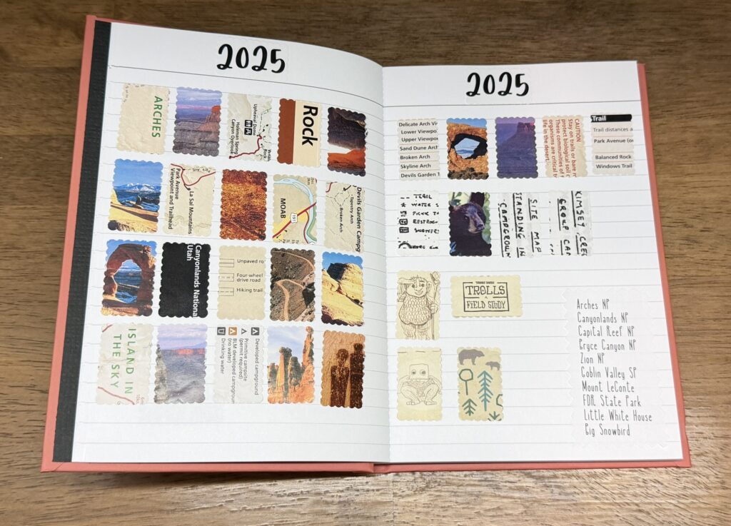 Two open journal pages with punched postage stamp sized pieces from brochures and maps.