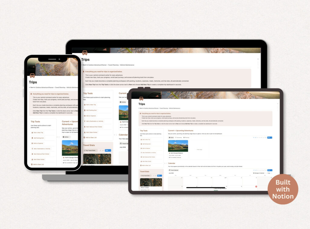 An image of a laptop, tablet and mobile phone with a camping trip planner on each screen