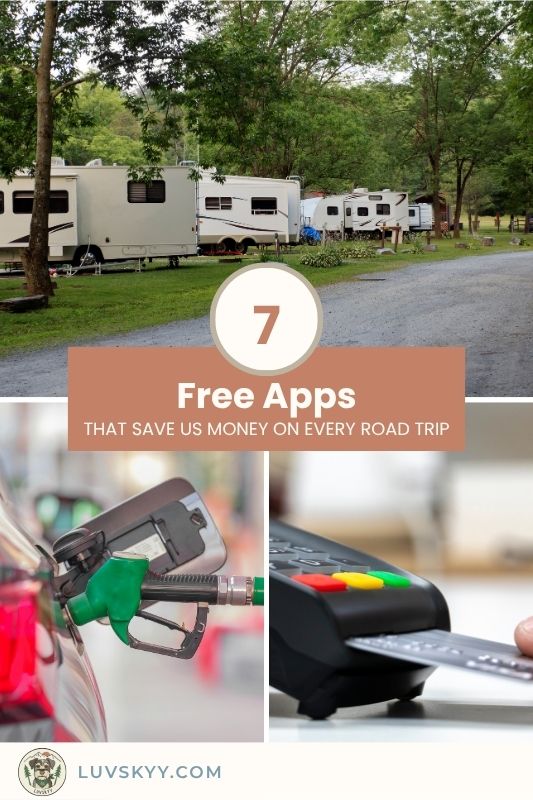 An image with the words Road Trip Savings Apps and a photo collage featuring a campground, a gas pump and a credit card machine