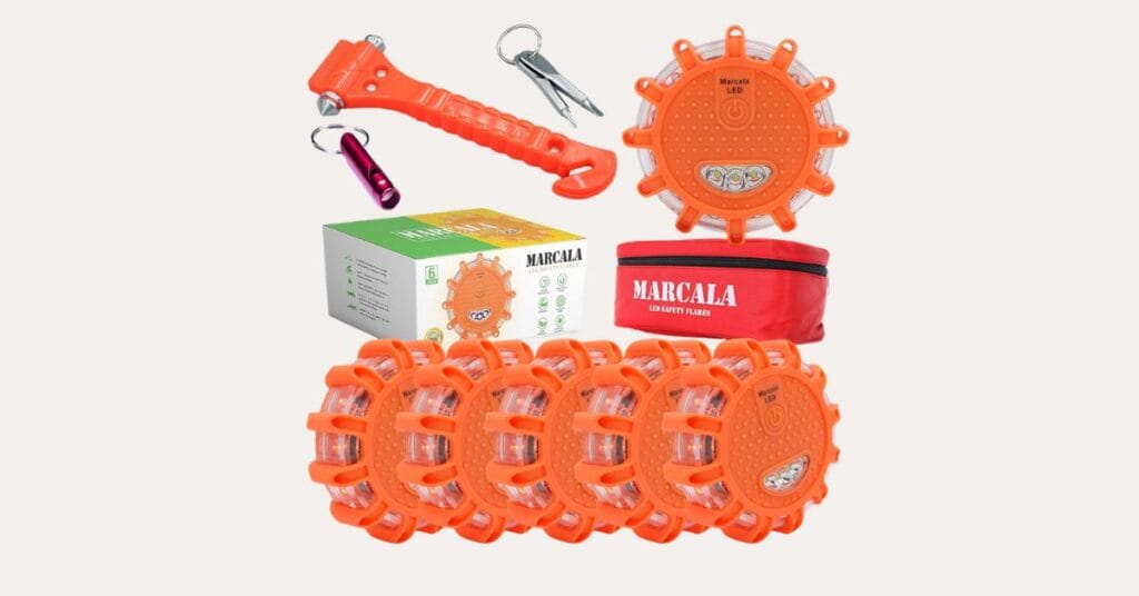 A set of 6 orange Road Flares and accessories on a cream background