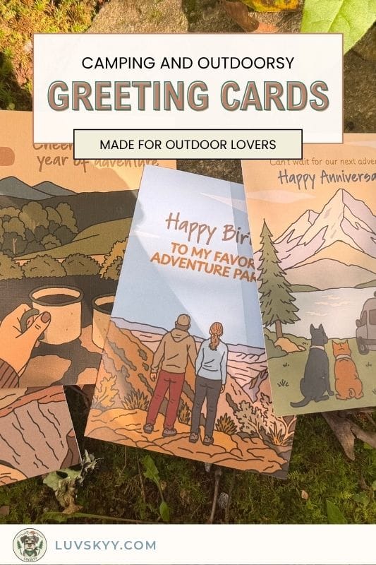 Four greeting cards with an outdoor or nature themed resting on the ground